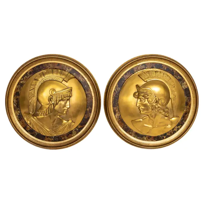 Pair of Grand Tour Gilt Bronze circular shaped plaques of Roman Gladiators