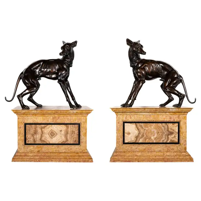 A 19th C. Italian Pair Patinated Bronze Greyhound Dogs on Stepped Marble Plinths