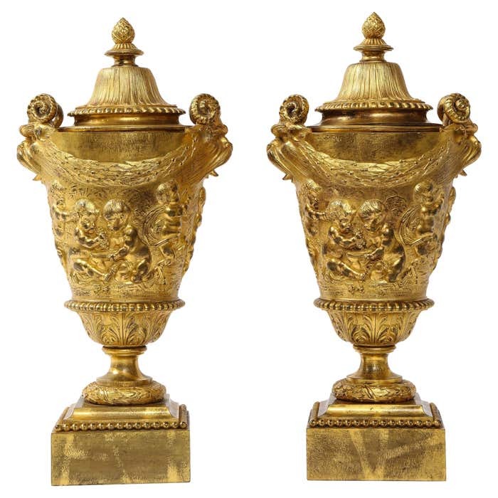Pair of Early 19th C. French Ormolu Covered Vases, Signed Clodion