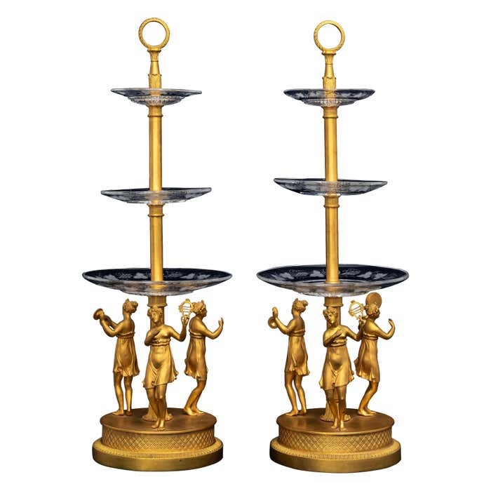 Pair of Early 1800s Empire Baccarat Crystal and Bronze Tazza Centerpieces