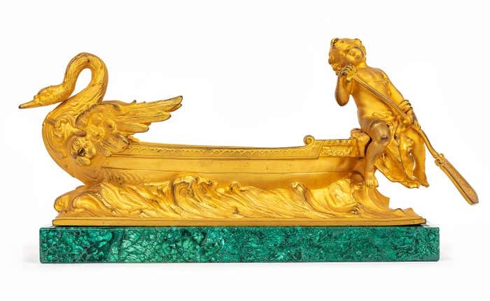 French 19th Century Louis XVI Ormolu and Malachite Centerpiece w/ Cherub + Swan