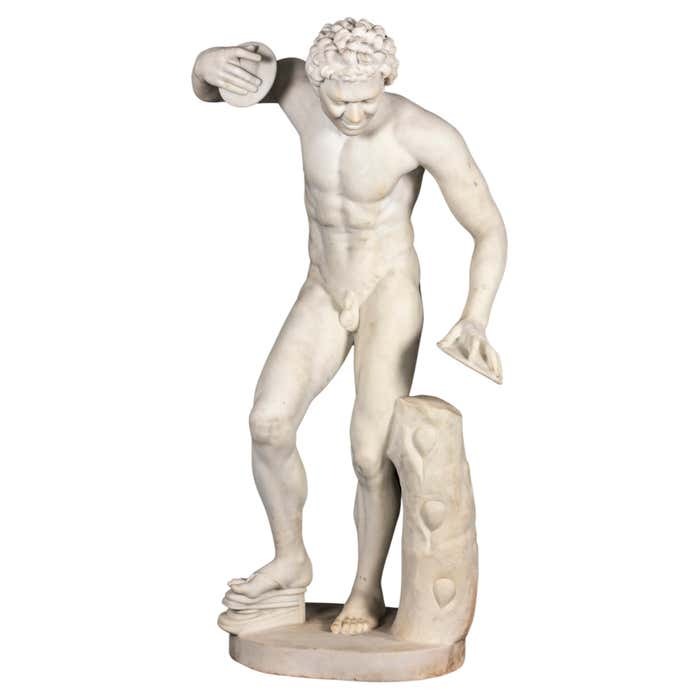 A 19th C. Italian Carrara Marble Statue of Dancing Faun by A. Frilli, Firenze