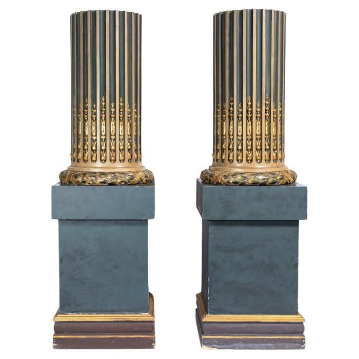 A Spectacular Pair of 19th Century Italian Painted and Gilt Columnar Pedestals