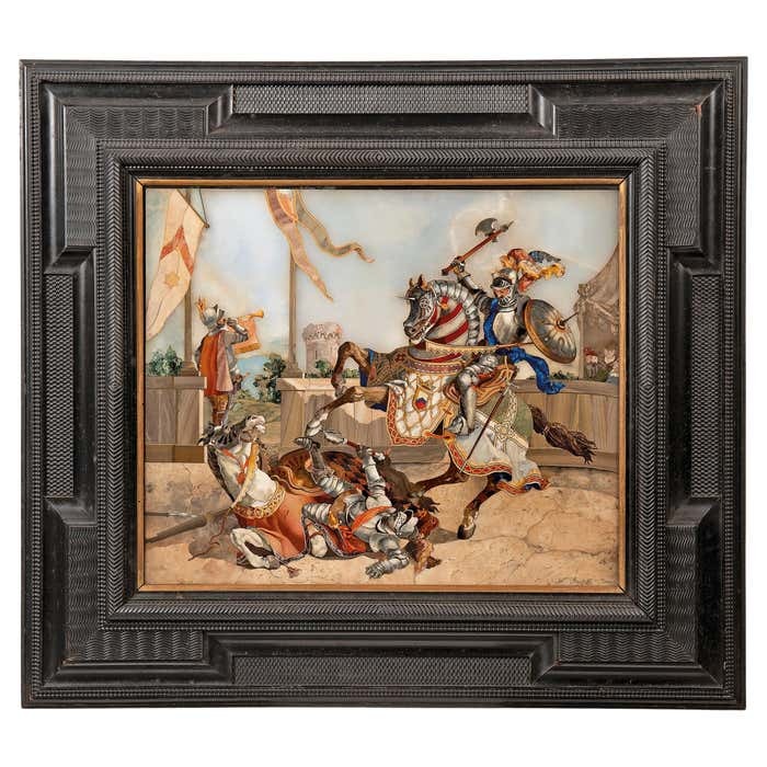 Florentine Pietra Dura Plaque of Trial by Combat by N. Scarpelli