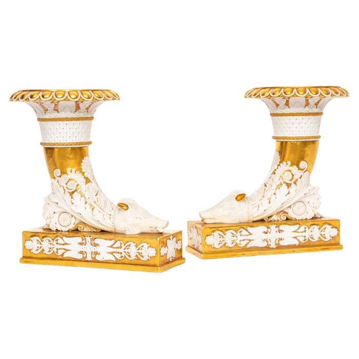 Rare Pair French Empire Rhyton-Form Cornucopia Biscuit and Gilt Porcelain Vases