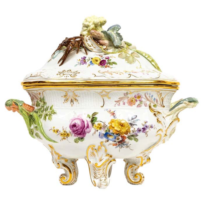 A Very Rare Meissen Porcelain Tureen and Cover with Vegetable and Lobster Top