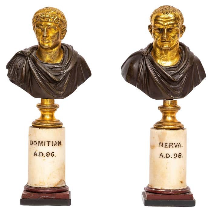 A Pair of 18th C. Italian Grand Tour Busts of Emperors Domitian and Nerva
